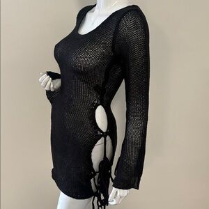 Darker Wavs Dolls Kill Black Knit Sheer Sweater Dress w Open Tie Side Slit Cuffs